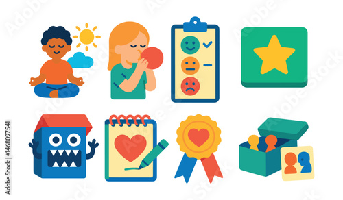 Flat vector icons of kids’ mental health practices: mindfulness exercises for kids, breathing balloon activity, daily emotional check-in icon, self-esteem star card, worry monster box, gratitude
