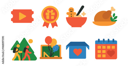 Flat vector icons of building healthy family traditions: family movie night ticket, birthday tradition badge, holiday baking day, gratitude dinner event, outdoor weekend hikes, back-to-school