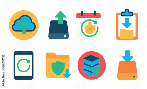Flat vector icons of backup and recovery: cloud backup badge, external hard drive backup icon, automatic data backup plan, backup your files reminder badge, data recovery app icon, secure file