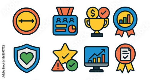 Flat vector icons of project analytics: project timeline tracking badge, resource allocation dashboard medal, budget vs actual costs trophy, project milestone analysis ribbon, project health score