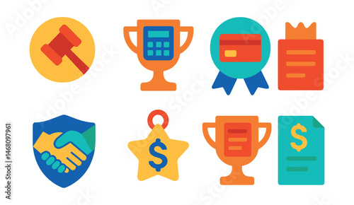 Flat vector icons of auction finance tools: final bid price badge, tax and fee calculator trophy, payment method icon medal, bidder deposit slip ribbon, invoice generation form icon, escrow agreement