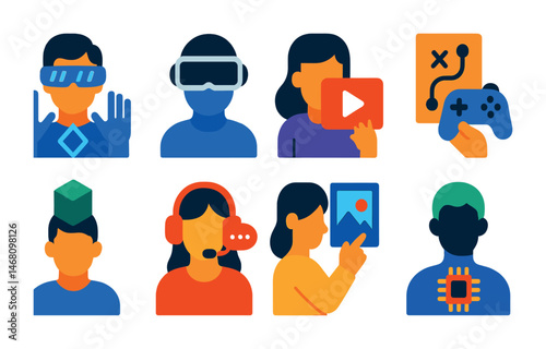 Flat vector icons of creative future professions: augmented reality designer badge, virtual reality developer icon, digital content creator badge, gaming storyteller planner, 3D experience designer
