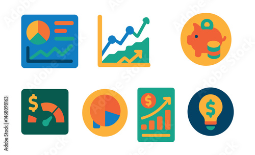 Flat vector icons of financial analytics and insights: personal finance analytics dashboard, spending trends graph, investment growth tracking badge, saving habits analyzer, credit utilization chart,