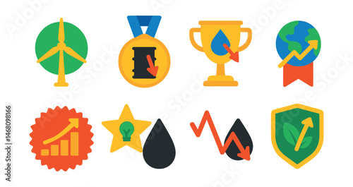 Flat vector icons of energy and resource forecasts: renewable energy expansion badge, fossil fuel consumption decline medal, water scarcity risk forecast trophy, global energy demand trend ribbon,