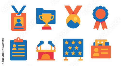 Flat vector icons of gallery press and media: press pass lanyard badge, media release folder trophy, gallery photo op zone medal, event coverage icon ribbon, journalist guest list icon, interview