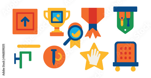 Flat vector icons of behind-the-scenes gallery tasks: crate for artwork transport badge, unpacking station trophy, condition check lens medal, hanging tool kit ribbon, wall alignment marker icon,