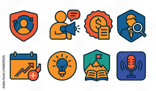 Flat vector icons of personal brand and online careers: personal branding strategist badge, influencer marketing manager icon, content monetization consultant badge, online reputation manager badge,