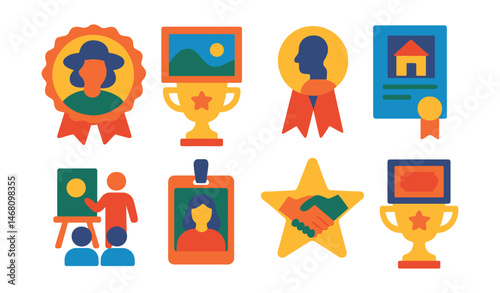 Flat vector icons of gallery community outreach: local artist spotlight badge, neighborhood art walk trophy, youth art mentorship medal, open house flyer ribbon, artist-in-school visit icon, gallery