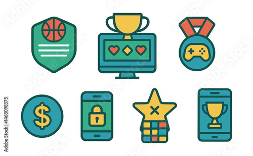 Flat vector icons of online betting platforms: online sportsbook badge, virtual casino betting screen trophy, live esports odds medal, in-play betting slip ribbon, online betting account balance