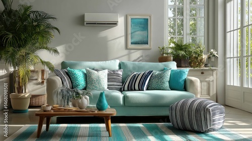 Modern living room, air conditioner, sunlight, plants, comfort