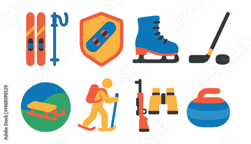 Flat vector icons of winter sports activities: skiing equipment icon, snowboard badge, ice skating boots, ice hockey puck and stick, sledding snow badge, snowshoe hike icon, biathlon gear symbol,