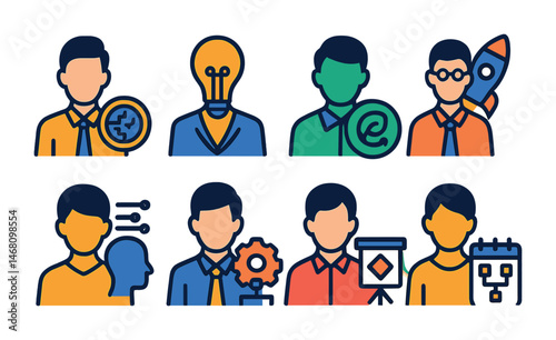 Flat vector icons of future business roles: digital transformation consultant badge, innovation strategist icon, corporate sustainability manager badge, startup advisor badge, future of work