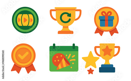 Flat vector icons of bonus and promotional offers: free spins bonus badge, reload betting bonus trophy, birthday gift bonus medal, seasonal betting promo ribbon, loyalty cashback offer badge, VIP