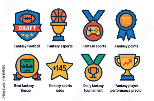 Flat vector icons of fantasy sports and betting: fantasy football draft badge, fantasy basketball league trophy, fantasy esports team medal, fantasy points tracker ribbon, best fantasy lineup award