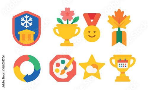 Flat vector icons of seasonal museum themes: winter holiday exhibit badge, spring blossoms showcase trophy, summer family events medal, fall heritage festival ribbon, year-round rotation icon,
