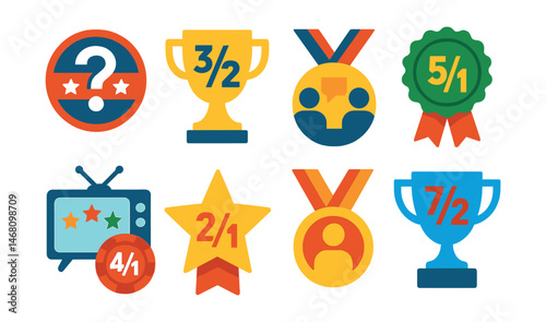 Flat vector icons of political and social event betting: election outcome betting badge, referendum betting odds trophy, political debate prediction medal, social awards event odds ribbon, television