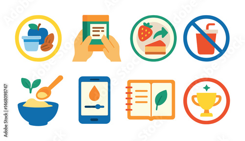 Flat vector icons of sugar reduction habits: low-sugar snack ideas badge, reading food labels for sugar icon, healthy dessert swaps guide, no soda challenge badge, baking with natural sweeteners,