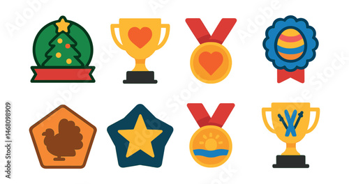 Flat vector icons of seasonal and holiday quizzes: Christmas trivia badge, Halloween quiz trophy, Valentine’s Day trivia medal, Easter holiday quiz ribbon, Thanksgiving traditions quiz badge, New