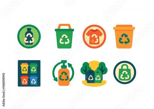 Flat vector icons of recycling initiatives: plastic recycling center badge, electronics recycling bin icon, clothing recycling program badge, compostable materials collection point, recycling sorting