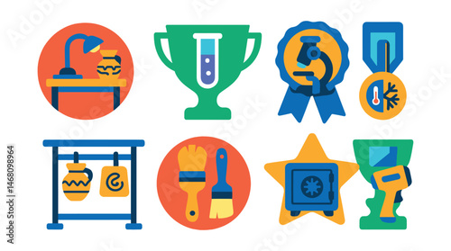 Flat vector icons of archaeological laboratories: conservation table badge, chemical sample test trophy, microscopic residue scan medal, climate control cabinet ribbon, artifact drying rack icon,