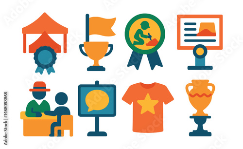 Flat vector icons of public archaeology and outreach: open day tent badge, site tour flag trophy, kids dig activity medal, exhibit panel in field ribbon, archaeologist Q&A table icon, community