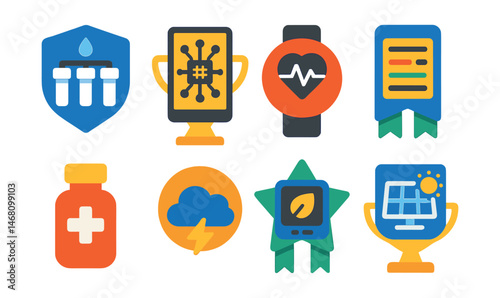 Flat vector icons of science in everyday life: water filter system badge, smartphone sensor diagram trophy, smart watch with heart rate medal, nutrition facts label ribbon, medicine bottle icon,