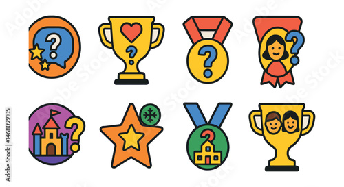 Flat vector icons of family and kids quizzes: kids general knowledge quiz badge, family game night quiz trophy, children’s educational trivia medal, cartoon quiz ribbon, fairy tale trivia badge,