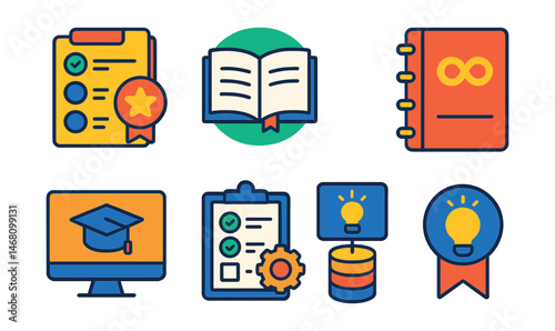 Flat vector icons of continuous learning habits: daily learning goal tracker, book reading habit badge, microlearning sessions, lifelong learner journal, online course progress icon, skills audit