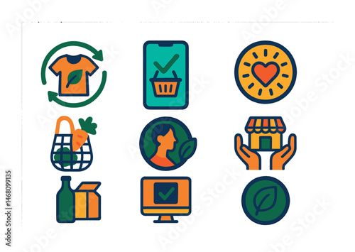 Flat vector icons of eco-conscious consumption: sustainable fashion badge, ethical shopping guide app, plastic-free living starter pack, conscious consumer badge, local artisans support badge,