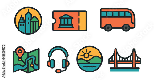 Flat vector icons of tourist attractions and sightseeing: city landmarks badge, museum entrance ticket, historical monument icon, guided city tour bus, sightseeing map with route, audio tour guide