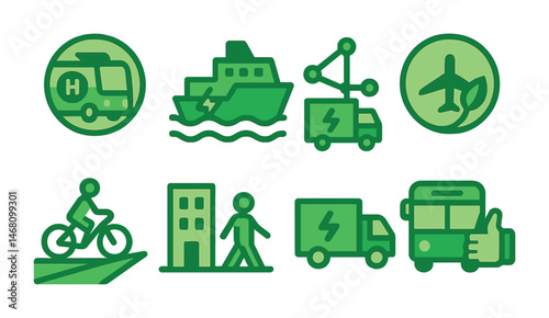 Flat vector icons of green transportation solutions: hydrogen-powered buses badge, electric ferry lines icon, smart logistics for emissions reduction, carbon-neutral airlines initiative badge,