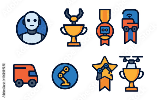 Flat vector icons of robotics: humanoid robot badge, robotic gripper trophy, sensor array head medal, autonomous rover ribbon, wheeled delivery bot icon, robotic leg actuator badge, warehouse robot