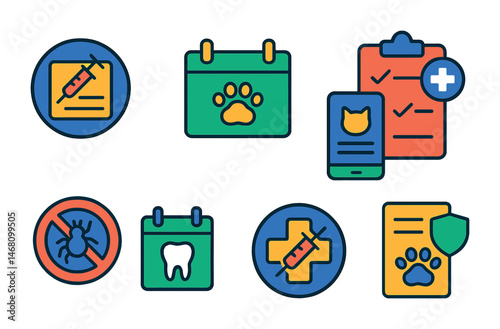Flat vector icons of pet vaccinations and vet visits: vaccination record card badge, regular vet checkup planner, pet health monitoring app, emergency vet visit checklist, parasite prevention badge,