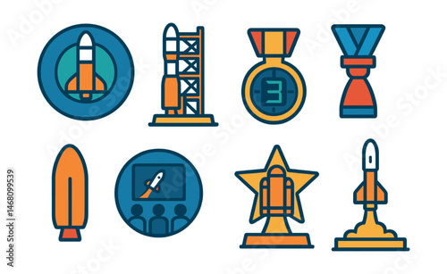 Flat vector icons of rockets and launch systems: rocket stages diagram badge, launch pad tower trophy, countdown clock medal, rocket engine nozzle ribbon, payload fairing icon, mission control room