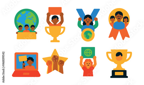 Flat vector icons of youth activism: youth climate march badge, student protest rally trophy, young leaders activism medal, future generations march ribbon, digital youth advocacy badge, youth