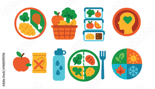 Flat vector icons of healthy eating habits: balanced meal plate, fruit and vegetable basket, meal prepping containers, mindful eating badge, healthy snack swap, hydration bottle reminder, portion