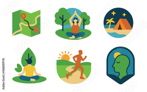 Flat vector icons of outdoor activities for wellness: hiking trail map, park yoga session, beach walk badge, camping under stars, nature meditation spot, sunrise jogging route, eco trail exploration,
