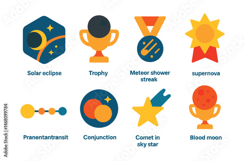 Flat vector icons of celestial events: solar eclipse path badge, lunar eclipse shadow trophy, meteor shower streak medal, supernova explosion ribbon, planetary transit diagram icon, conjunction of