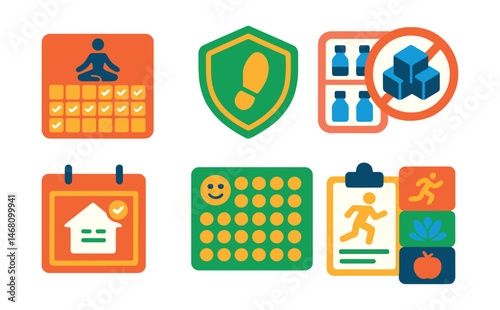 Flat vector icons of fitness challenges: 30-day yoga challenge chart, step challenge badge, hydration challenge tracker, no sugar month badge, home fitness streak board, mindfulness month tracker,