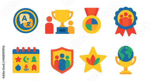 Flat vector icons of cultural inclusivity: multilingual signage badge, intercultural training trophy, heritage celebration medal, cultural inclusion policy ribbon, diverse holiday calendar icon,
