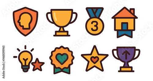 Flat vector icons of astrological houses: 1st house of self badge, 2nd house of possessions trophy, 3rd house of communication medal, 4th house of home ribbon, 5th house of creativity icon, 6th house