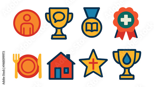 Flat vector icons of basic human rights: right to life badge, freedom of speech trophy, right to education medal, right to health care ribbon, right to food icon, right to housing badge, freedom of