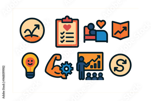 Flat vector icons of fitness challenges: 30-day yoga challenge chart, step challenge badge, hydration challenge tracker, no sugar month badge, home fitness streak board, mindfulness month tracker,