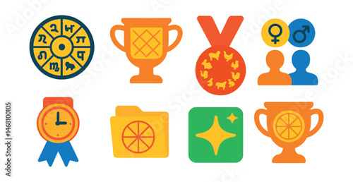 Flat vector icons of astrology types: western astrology wheel badge, Vedic astrology script trophy, Chinese astrology animal chart medal, horary astrology clock ribbon, synastry compatibility icon,