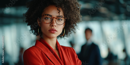 Close-up portrait of a young woman with curly hair, wearing glasses and a red blazer, conveying confidence and professionalism