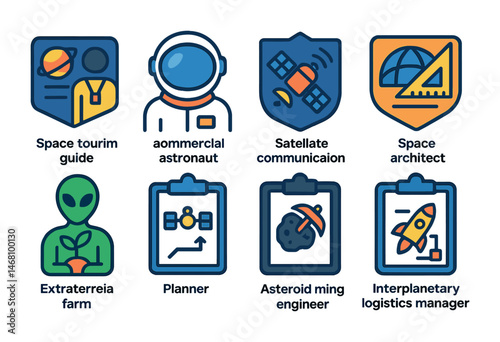 Flat vector icons of space-related professions: space tourism guide badge, commercial astronaut icon, satellite communication engineer badge, space habitat designer badge, extraterrestrial