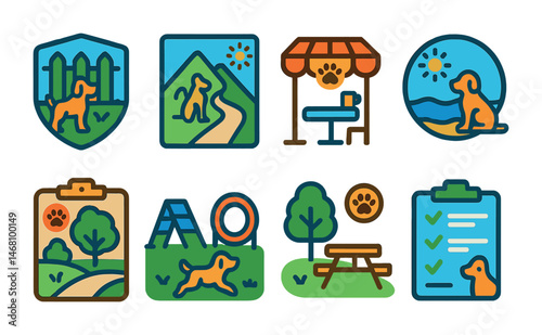 Flat vector icons of pet-friendly outdoor spaces: fenced dog parks badge, pet-friendly hiking trails guide, outdoor cafés with pet zones icon, pet beaches badge, city parks allowing pets planner,