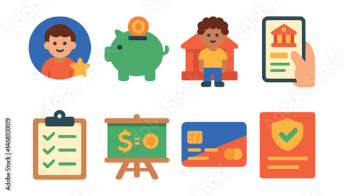 Flat vector icons of early banking experiences: kids’ bank account badge, junior savings account icon, first visit to the bank, online banking app tutorial, financial responsibility checklist, basic