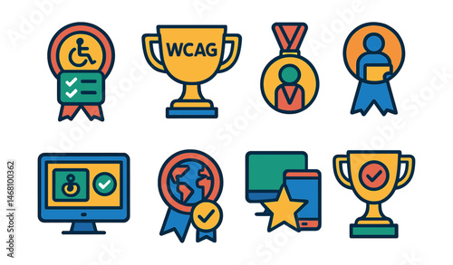 Flat vector icons of inclusive design audits: accessibility checklist badge, WCAG compliance trophy, inclusive product test medal, user feedback review ribbon, interface inclusivity test icon,