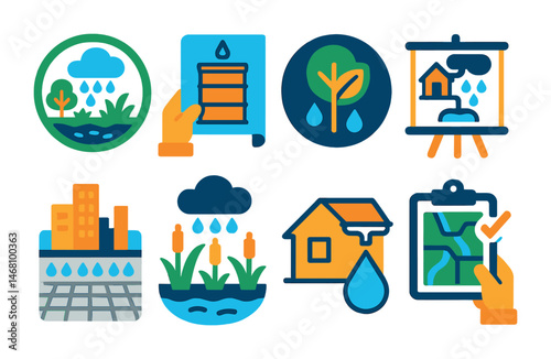 Flat vector icons of rainwater harvesting systems: public rain garden project badge, urban rain barrel installation guide, green stormwater infrastructure badge, rainwater collection workshops badge,